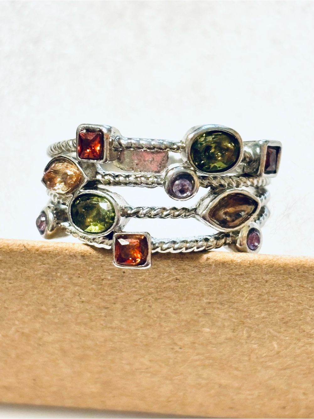 Ring Multi Band Silver and Multicolor Crystals Size 9